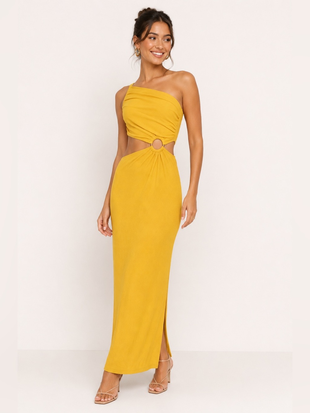 One-Shoulder Yellow Dress with Ring Cutout